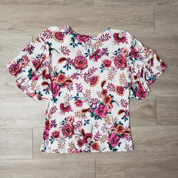 White & pink floral Medium ruffle sleeve v neck blouse stretch Spring - Picture 3 of 7